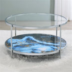 Pemberly Row 3-Piece Coffee & End Table Set, Engineered Wood, Blue Faux Marble & Glass, Chrome Frame, Contemporary Style Living Room Tables, Reversible Panels for Flexible Design