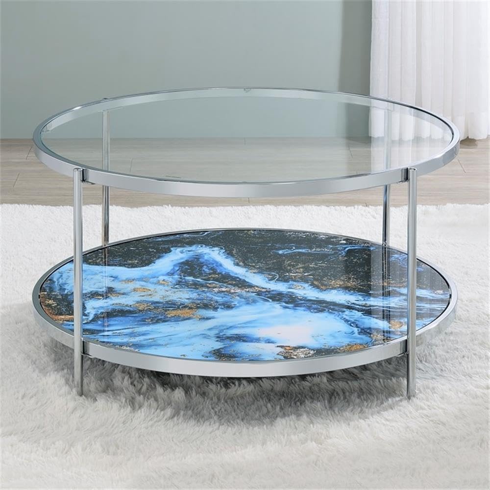 Pemberly Row 3-Piece Coffee & End Table Set, Engineered Wood, Blue Faux Marble & Glass, Chrome Frame, Contemporary Style Living Room Tables, Reversible Panels for Flexible Design