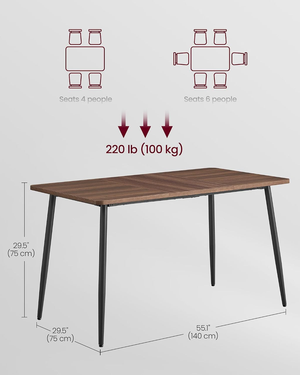 VASAGLE 55.1" Dining Table for 4-6 People, Modern Kitchen Table, Heat-Resistant Tabletop, Quick Assembly, for Dining Room, Natural Walnut and Ink Black, Island Collection UKDT100K02V2