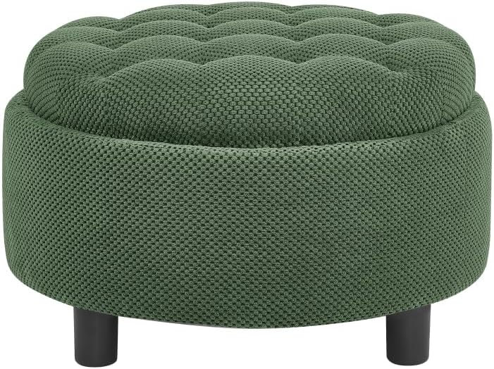25Inch Round Storage Ottoman with Tray, ModernTufted Fabric Circle Coffee Table with Storage, Upholstered Ottoman with Removable Top for Living Room, Bedroom. (Dark Green + Wood+Fabric + Foam)