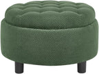 25Inch Round Storage Ottoman with Tray, ModernTufted Fabric Circle Coffee Table with Storage, Upholstered Ottoman with Removable Top for Living Room, Bedroom. (Dark Green + Wood+Fabric + Foam)