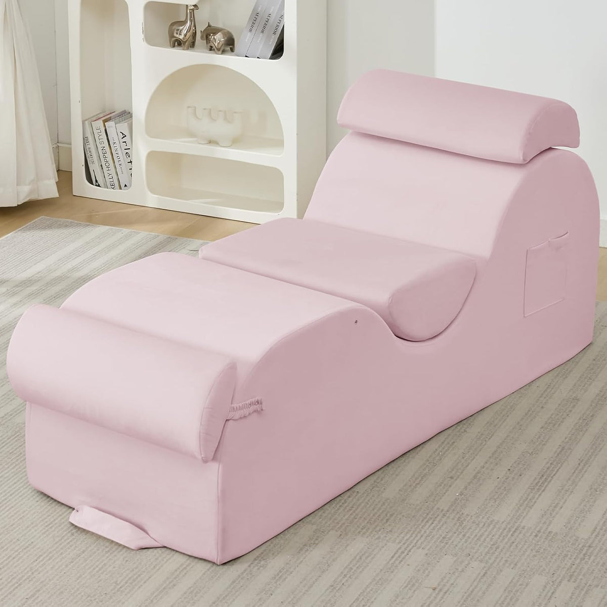 ijuicy 25 Inch Home Stretch Yoga Chair, Velvet Fitness Yoga Chaise Lounge Chair Indoor, Yoga Training Reliner with Adjustable Footrest & Headrest, Pink