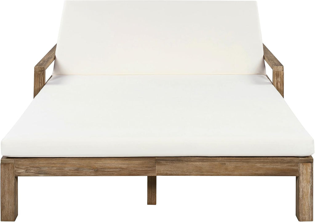 Merax Acacia Wood Outdoor Daybed Sofa, Farmhouse Patio Sun Lounger with Adjustable Backrest, High-Density Cushions & Removable Wheels, Weather Resistant for Garden, Poolside, Backyard, Beige