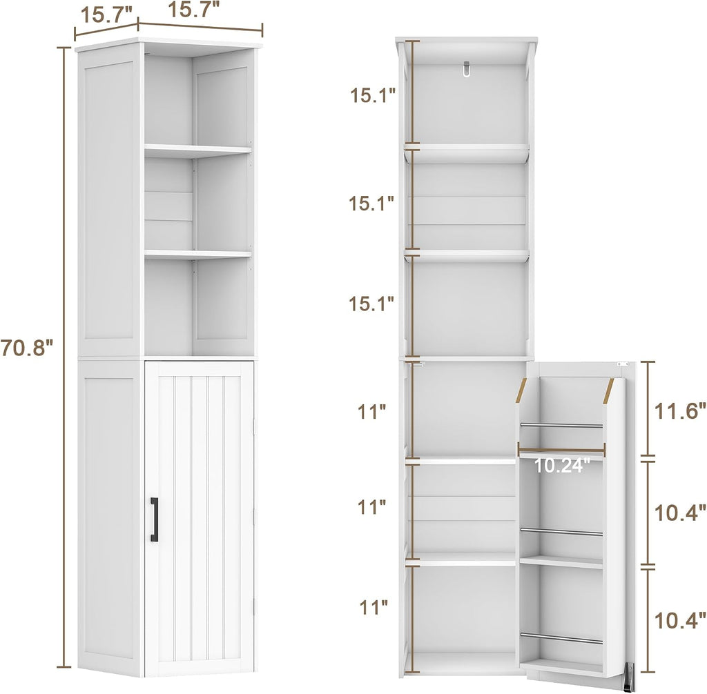 ChooChoo Narrow Kitchen Pantry Storage Cabinet, Slim Storage Cabinet with Adjustable Shelves and Open Shelves, Tall Freestanding Pantry Cabinet for Small Spaces, Kitchen, Dining Room, Bathroom, White