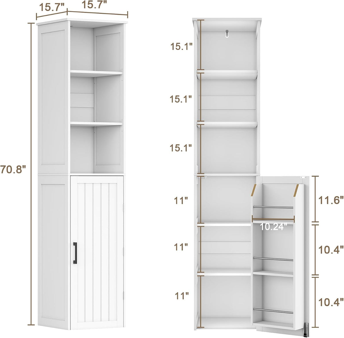 ChooChoo Narrow Kitchen Pantry Storage Cabinet, Slim Storage Cabinet with Adjustable Shelves and Open Shelves, Tall Freestanding Pantry Cabinet for Small Spaces, Kitchen, Dining Room, Bathroom, White