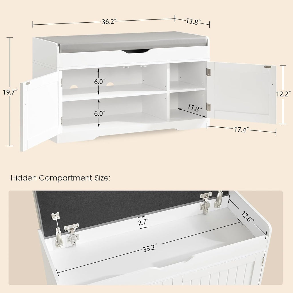 TEENFON 2-Tier Storage Bench, Shoe Bench with Adjustable Shelf & Lift Top Storage, Entryway Bench with Cushioned Seat,13.8"D x 36.2"W x 19.7"H, Shoe Organizer for Entryway, Living Room, Bedroom, White