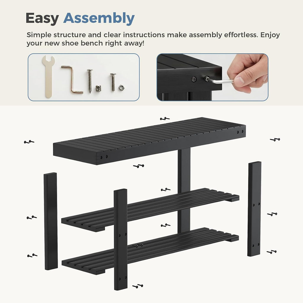 DUMOS Wooden Shoe Rack Bench with Storage, 3-Tier Bamboo Entryway Benches, Shoe Rack Holds Up to 286 lb Storage Organizer, 11.3 x 35.43 x 17.8 Inches, Suitable for Bedroom Living Room Balcony, Black