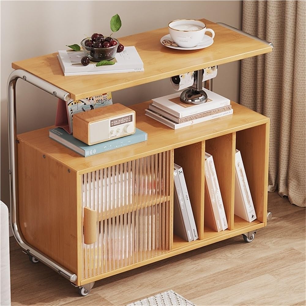 Modern Rolling Side Table End Table with Storage 360° Rollers Movable Night Stand Utility Cart Corner Table for Living Room (Natural)
