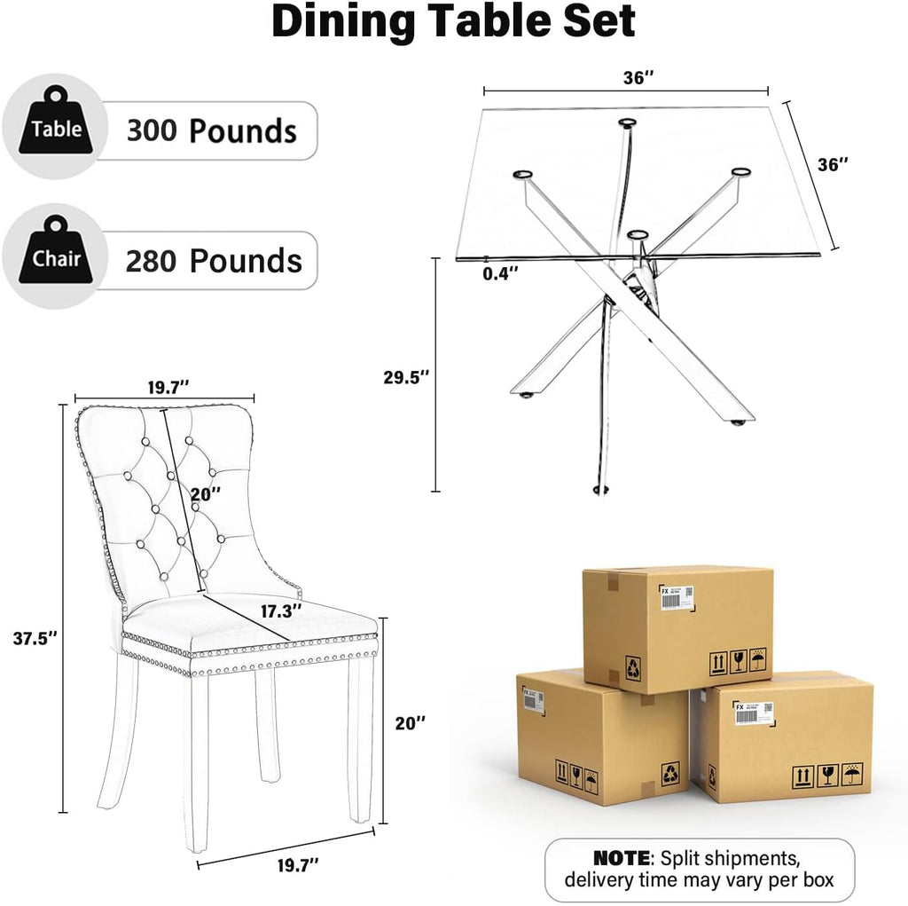 5 Pieces Silver Glass Dining Table Set, Modern Luxury Square Kitchen Table Set for 4, 36'' Clear Minimalist Glass Top Dinner Set, Beige High-end Tufted Chairs, for Small Place Living Room
