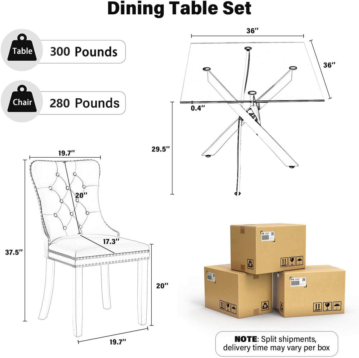 5 Pieces Silver Glass Dining Table Set, Modern Luxury Square Kitchen Table Set for 4, 36'' Clear Minimalist Glass Top Dinner Set, Beige High-end Tufted Chairs, for Small Place Living Room