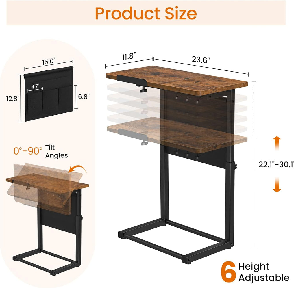 Giikin TV Tray Table, 23.6" Extra Large Side Table, Adjustable Height TV Trays for Eating on Couch, 90° Tilt Angle Foldable C-Shaped End Table with Storage for Small Spaces Sofa Bed Dinner