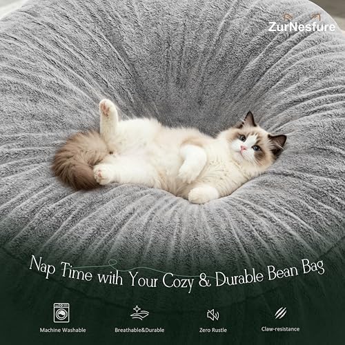 ZurNesfure Bean Bag Chair for Adults,3FT Giant Bean Bag Chair Grey,Medium | Fluffy Bean Bag Chairs with Filler & Machine Washable Cover, Handle, Side Pocket Oversized Beanbag for Living Room, Bedroom