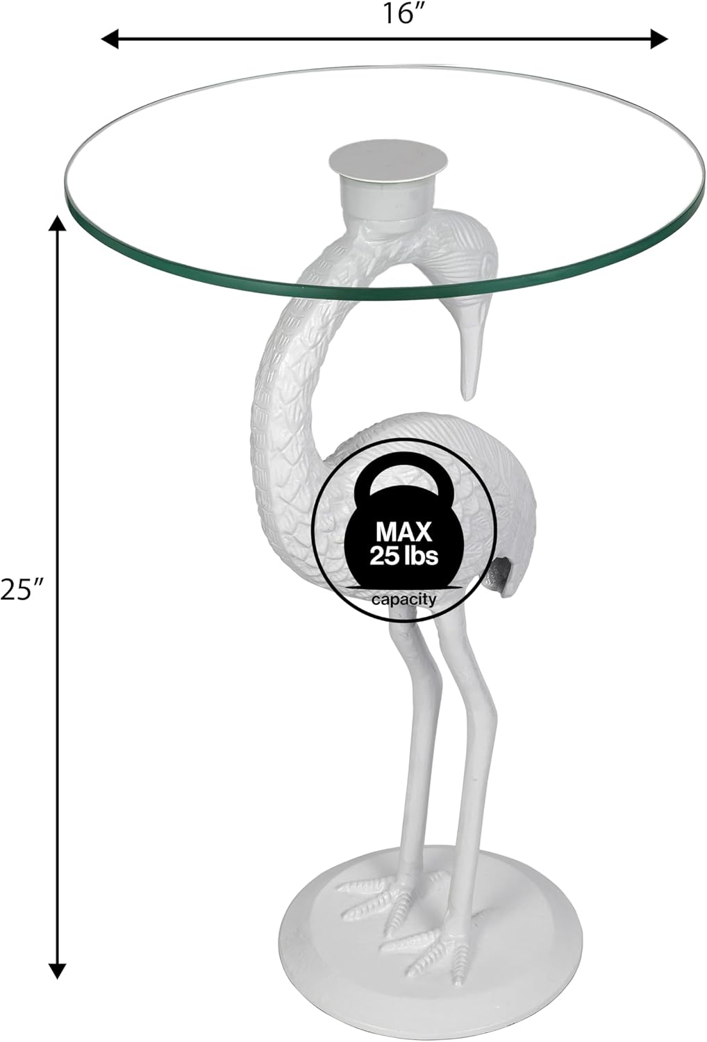 JONATHAN Y Blanche 25" White Iron and Glass Flamingo End Table with Sculptural Base, Round Accent Side Table for Living Room, Bedroom, Coastal Decor, White END1006C
