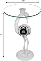 JONATHAN Y Blanche 25" White Iron and Glass Flamingo End Table with Sculptural Base, Round Accent Side Table for Living Room, Bedroom, Coastal Decor, White END1006C