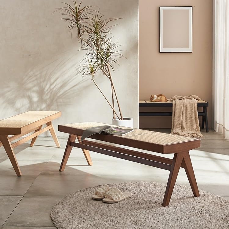 Entryway Stool Rattan Wooden Shoe Bench Bedroom Bedside Bench Wabi-sabi Style Retro Long Bench Shoe Changing Stool