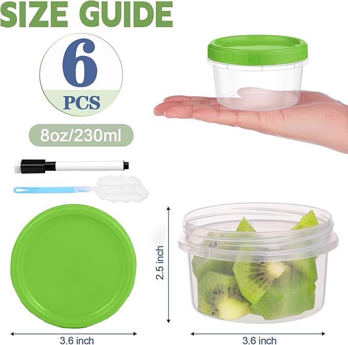 8 oz Plastic Containers with Lids, 6 Pack Stackable Small Freezer Container, Reusable Clear Food Storage Meal Prep Containers for Snack Fruit, Microwave & Dishwasher Safe, with Pen & Brush