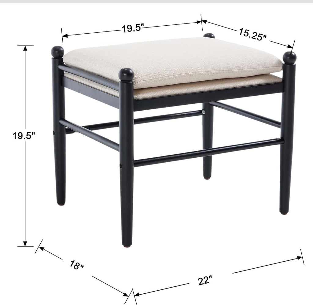 Ottoman Footrest, 19 Inch Upholstered Vanity Bench Seat, Backless Makeup Stool with Solid Wood Legs for Dining Room/Bedroom/Living Room/Entryway,Black Frame/White Linen