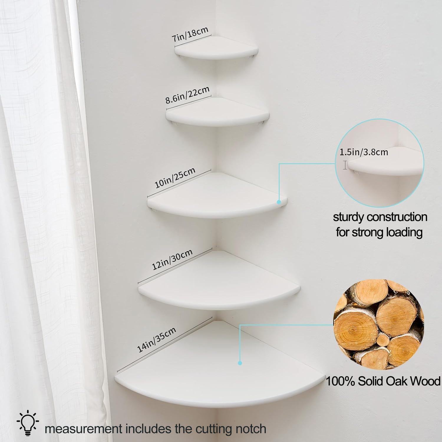 Corner Shelf, White Solid Oak Wood Floating Corner Shelves Wall Mount Round End Floating Speaker Rack Display Shelf for Small Plant Photo Frame (White, 7in)