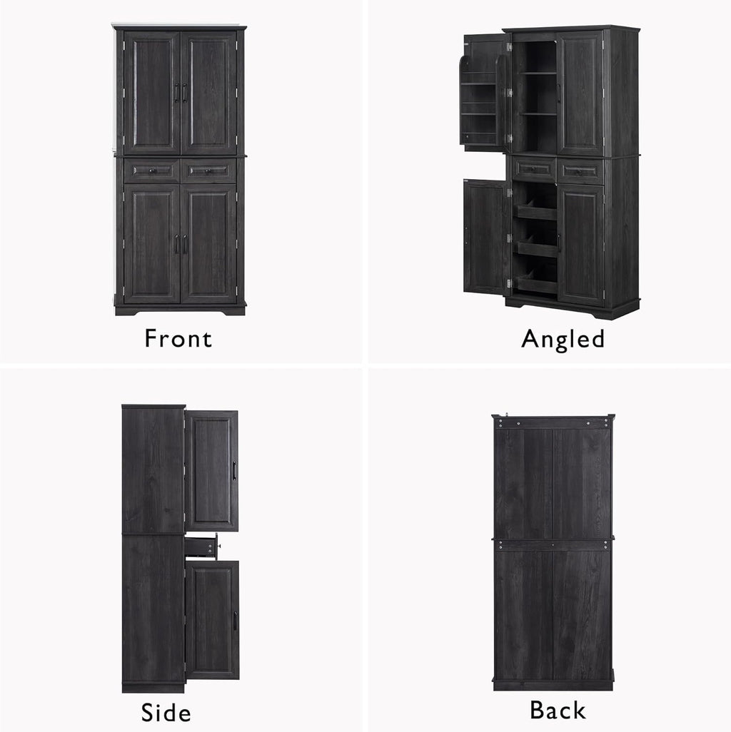 Tall Arched Pantry Cabinet with Pull-Out Cabinet Organizers, Brown | 71"H Farmhouse Storage Cabinet with 6 Door Shelves, 2 Drawers, Anti-Tipping, Embossed Texture for Dining Room
