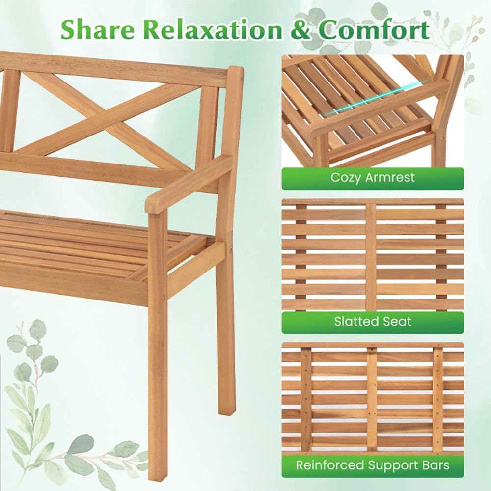 Solid Acacia Wood Outdoor Chair Armrests Backrest 44in Seat 800lb Capacity Backyard