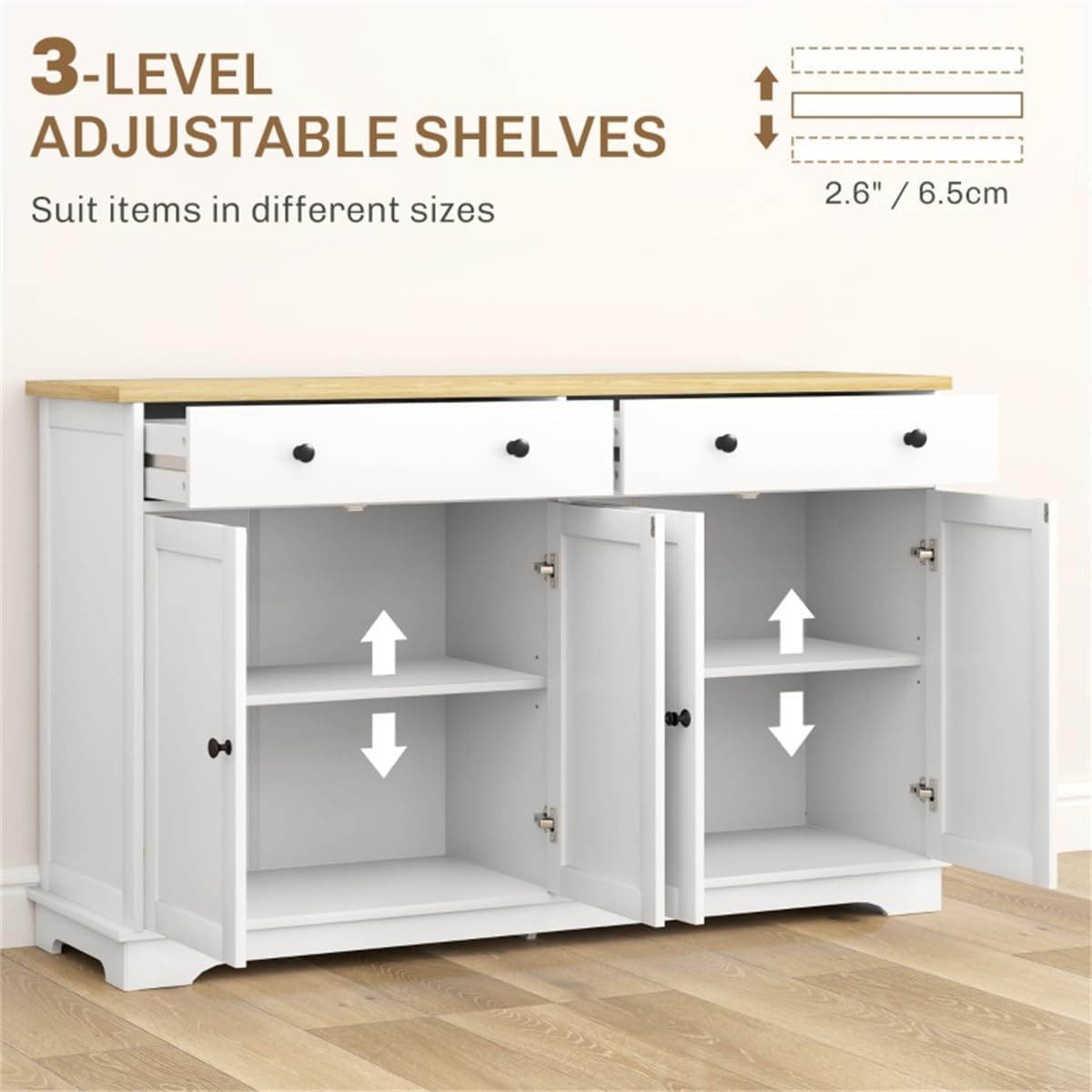 lapday Kitchen Cabinet with 2 Spacious Drawers,2 Doors,3-Level Adjustable Shelf(55.1" W x 15.7" D x 33.5" H). (White)