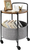 Rolling Round Metal Side Table,2-Tier Storage Side Table with Wheels,End Coffee Table with Steel Frame and Fabric Storage Basket,Cart Side Table Tray for Living Room,Bedroom,Wood Black
