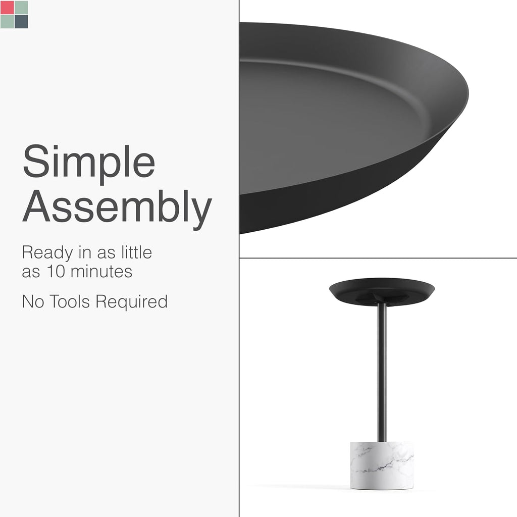 Round Metal Drink Table with Black Top and Faux Marble Base – Small Pedestal Side Table for Living Room, Bedroom, or Office – Modern Black Round Cocktail Table, Easy Assembly, Scratch-Resistant