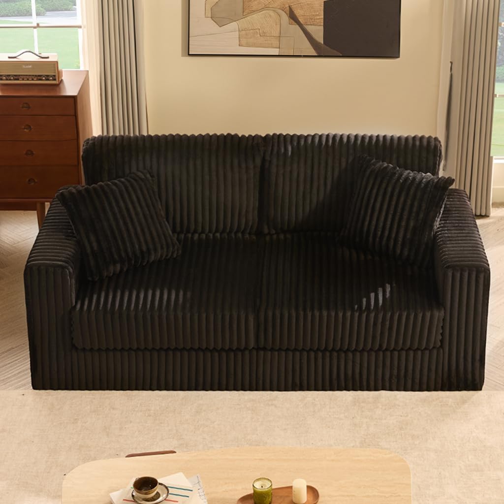 GOSUHI 80" Cloud Couch Loveseat, Deep Seats, Pocket Spring, Corduroy, Black | High Backrest, Pocket Spring Cushions, Oversized 2-Seater, Comfy Upholstered Couches for Living Room