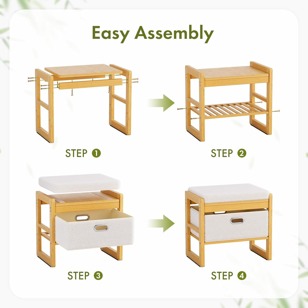 Storage Ottoman, Bamboo Footstool with Drawer, 3-in-1 Soft Ottoman with Storage, Multifunctional Footrest, Seat & Organizer for Living Room, Bedroom, Entryway Gift Set for Family