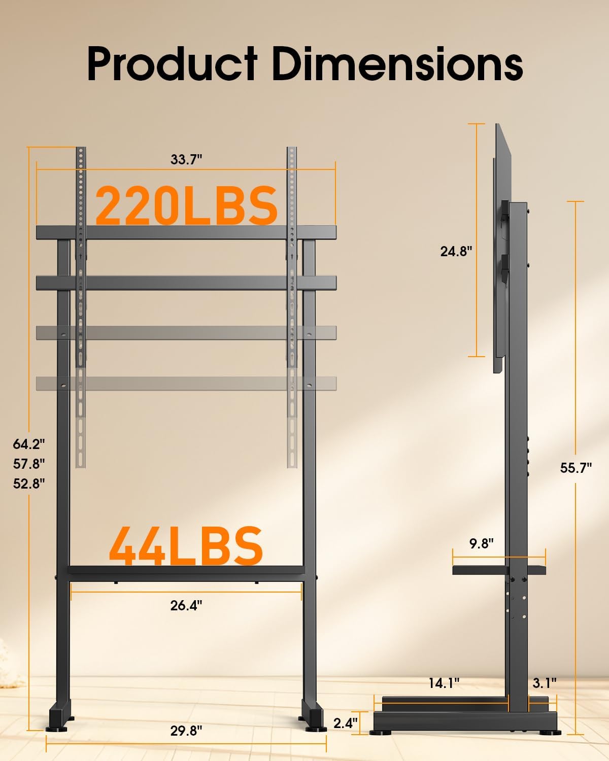Heavy Duty Floor TV Stand for 50-100 Inch TVs, 220 lbs, Max VESA 800x600mm | Large Height Adjustable Tall Steel TV Cart with Storage Shelf for Living Rooms, Offices, Gyms, Classrooms, and Events, Black