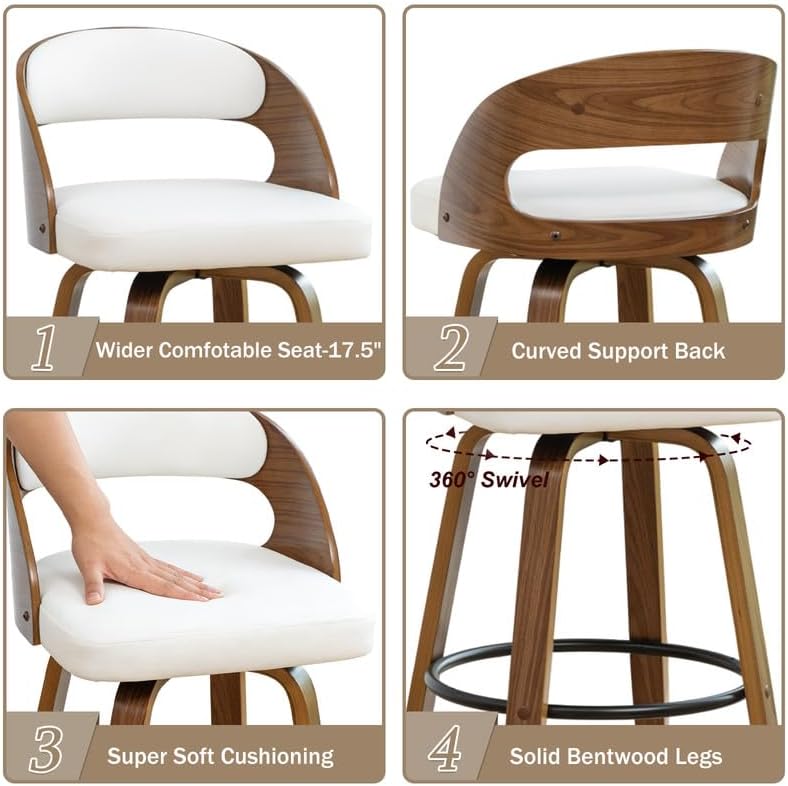 Swivel Counter Height Stools Set of 4, 25" Counter Stools with Bentwood Curved Back Upholstered Seats Mid Century Modern Stools for Kitchen Island, Counter, White