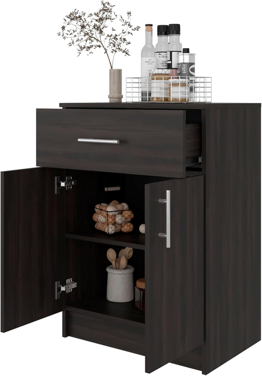 DEPOT E-SHOP 24" Barbados Pantry Cabinet 33" H with Top Drawer, Double Doors and Interior Shelves, Dark Walnut – Tall Kitchen Storage & Pantry Organization