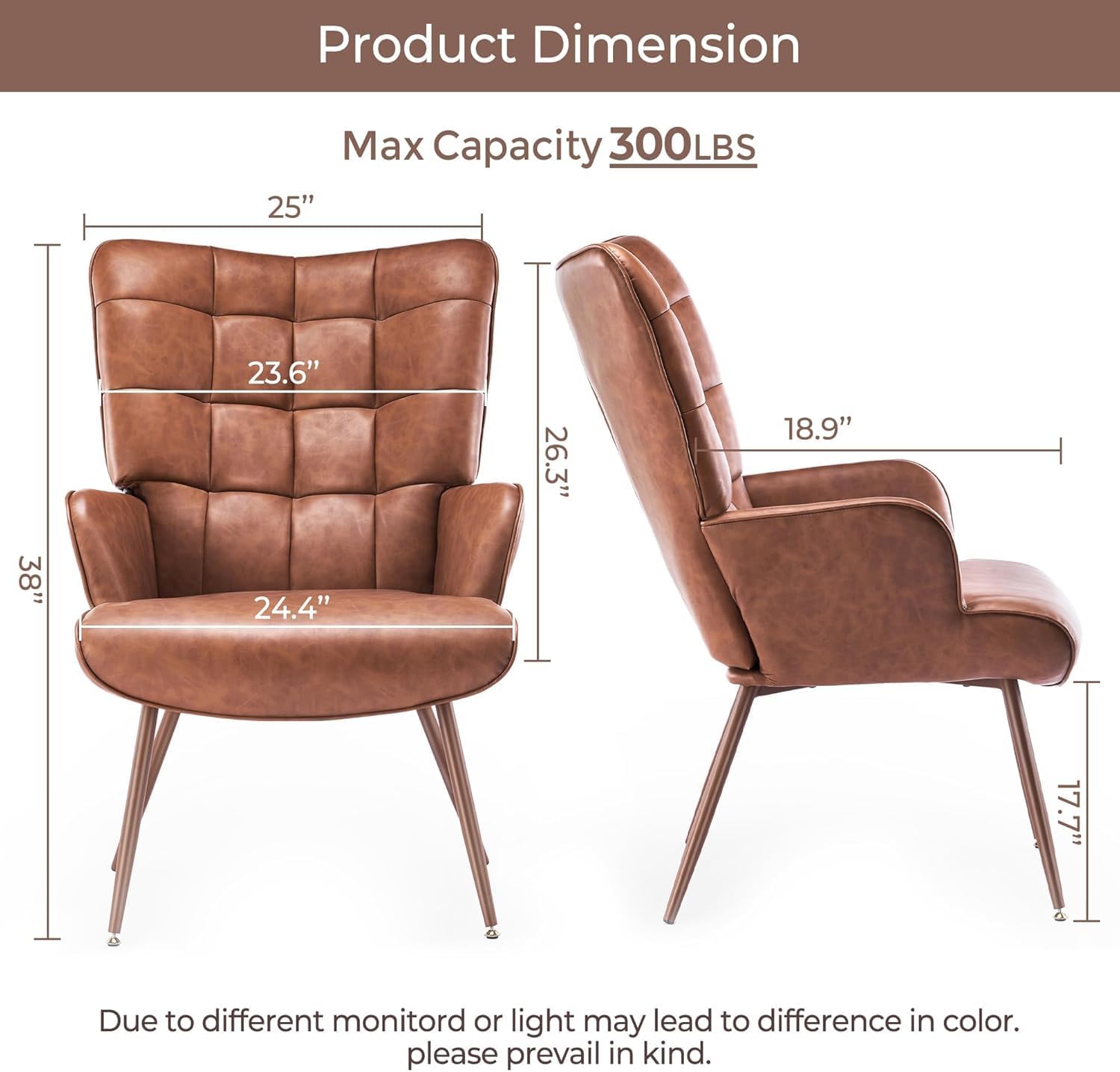 Kosydown PU Leather Wingback Accent Chair with High Back & Tufting, Brown | Comfortable single seating high back armchair with elegant tufted leather for living room, bedroom, office & reading room.