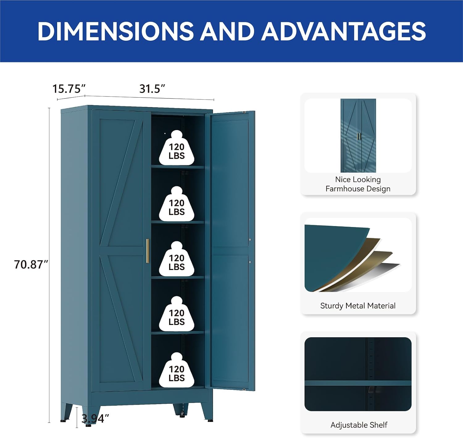 COFaR Metal Pantry Cabinet with Doors, Farmhouse 71'' Tall Storage Cabinet with 4 Adjustable Shelves, Kitchen Pantry Cabinet for Dinning Room, Laundry, Peacock Blue 5-Tier
