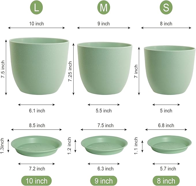Medium Plant Pots 10/9/8 inch, Flower Pots for Indoor Outdoor Plants, Set of 3 Modern Decorative Plastic Planters with Drainage Holes and Saucers for House Porch Garden Plants, Green
