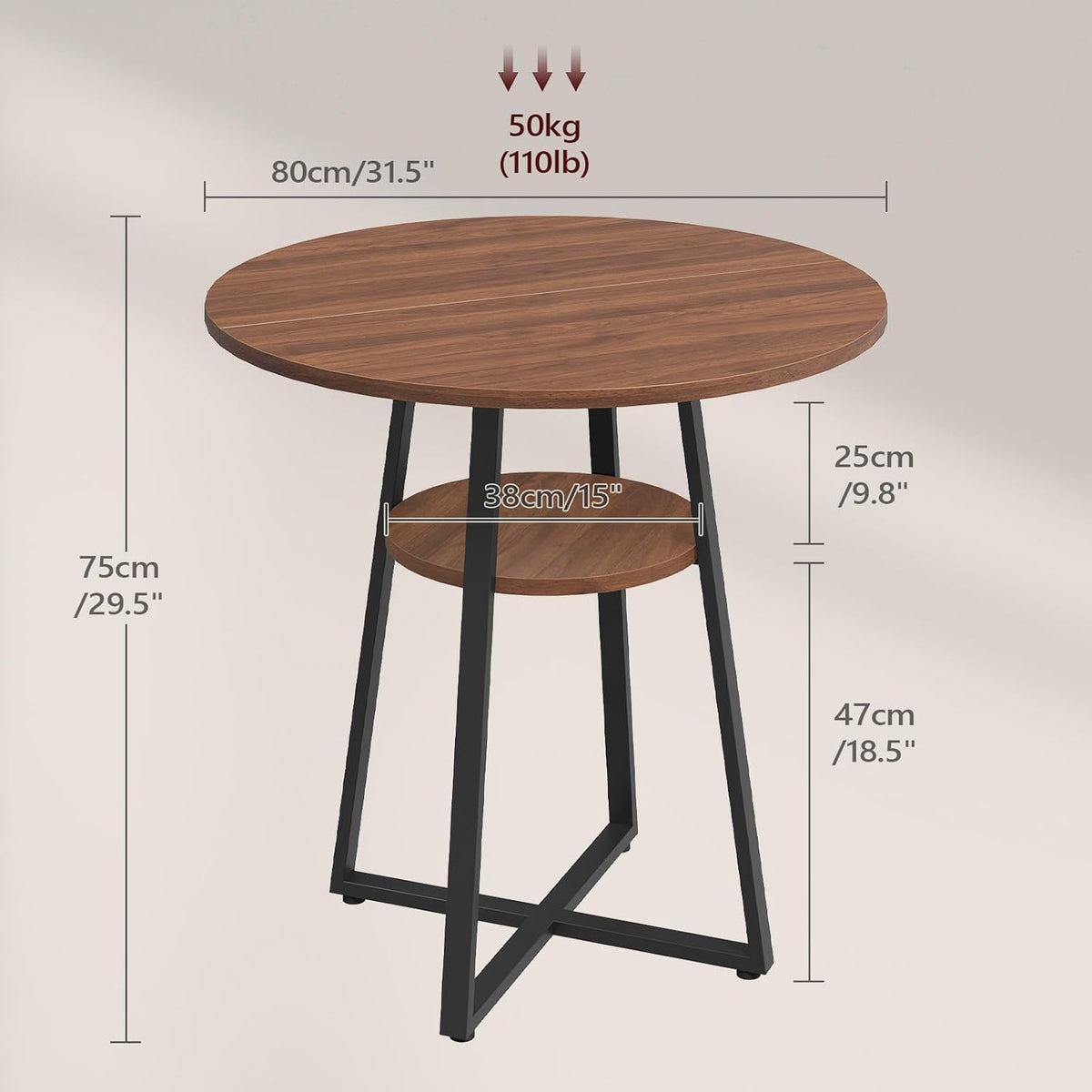 MAHANCRIS 31.5" Round Dining Table for 2-4, Farmhouse Kitchen Table with Storage Shelf, Small Circle Dining Table Space Saving, for Dining Room, Kitchen, Living Room, Walnut and Black DTHZ8201