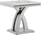 1 Piece Living Room End Table Luxury Faux Marble Sofa Side Table, Modern White Silver End Table with X-Shape Stainless Steel Pedestal Base