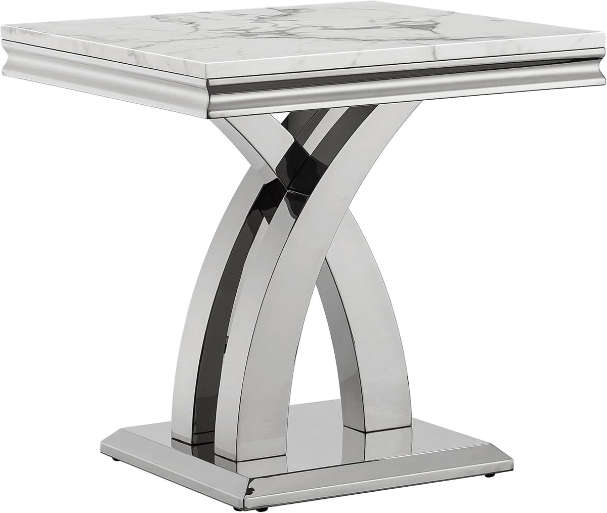 1 Piece Living Room End Table Luxury Faux Marble Sofa Side Table, Modern White Silver End Table with X-Shape Stainless Steel Pedestal Base