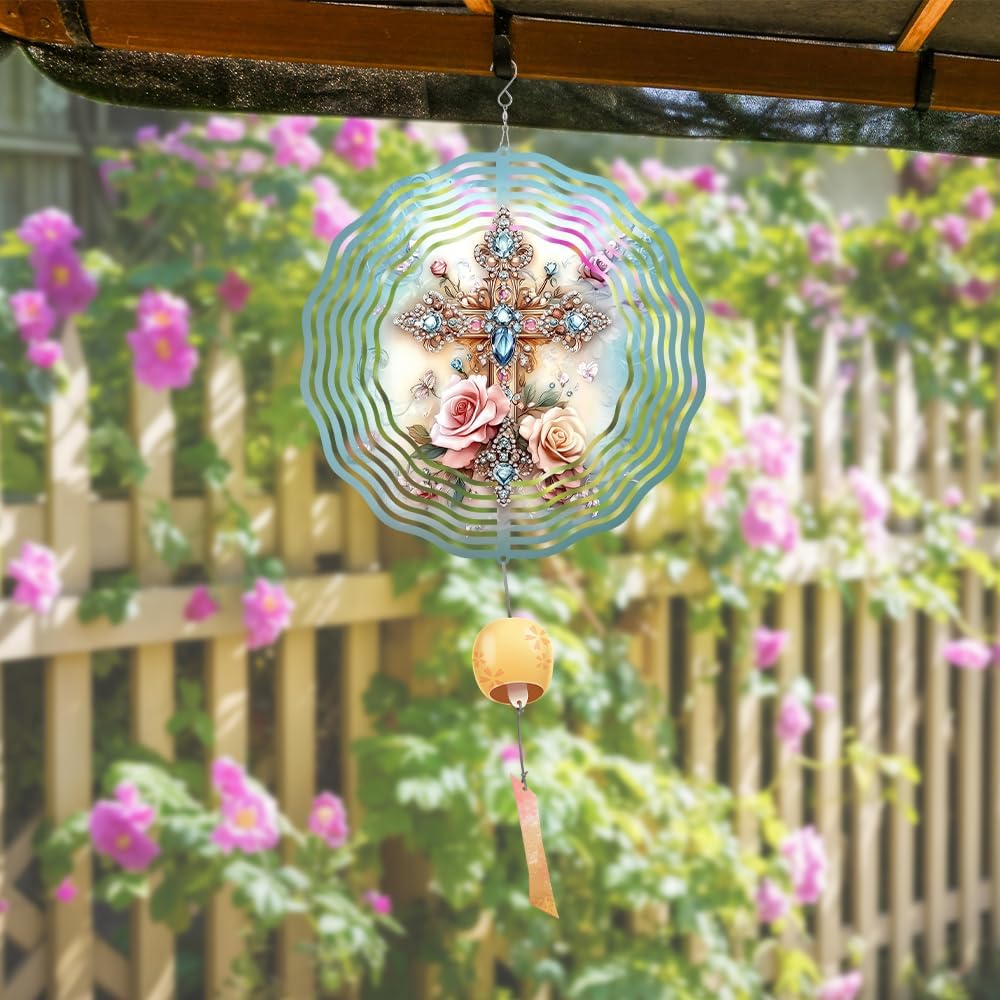 Cross Flower Wind Spinner, Metal Wind Spinners Outdoor/Indoor, God Cross Hanging Garden Decor for Outside, Stainless Wind Spinners for Yard and Garden 10 inch 3D (25.76X25 CM)