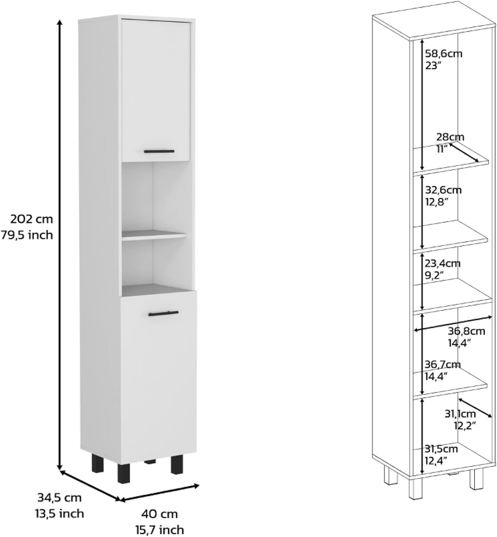 Kitchen Pantry 79" H, Two Open Storage Shelves, Three Internal Shelves, Two Doors, Four Legs, White