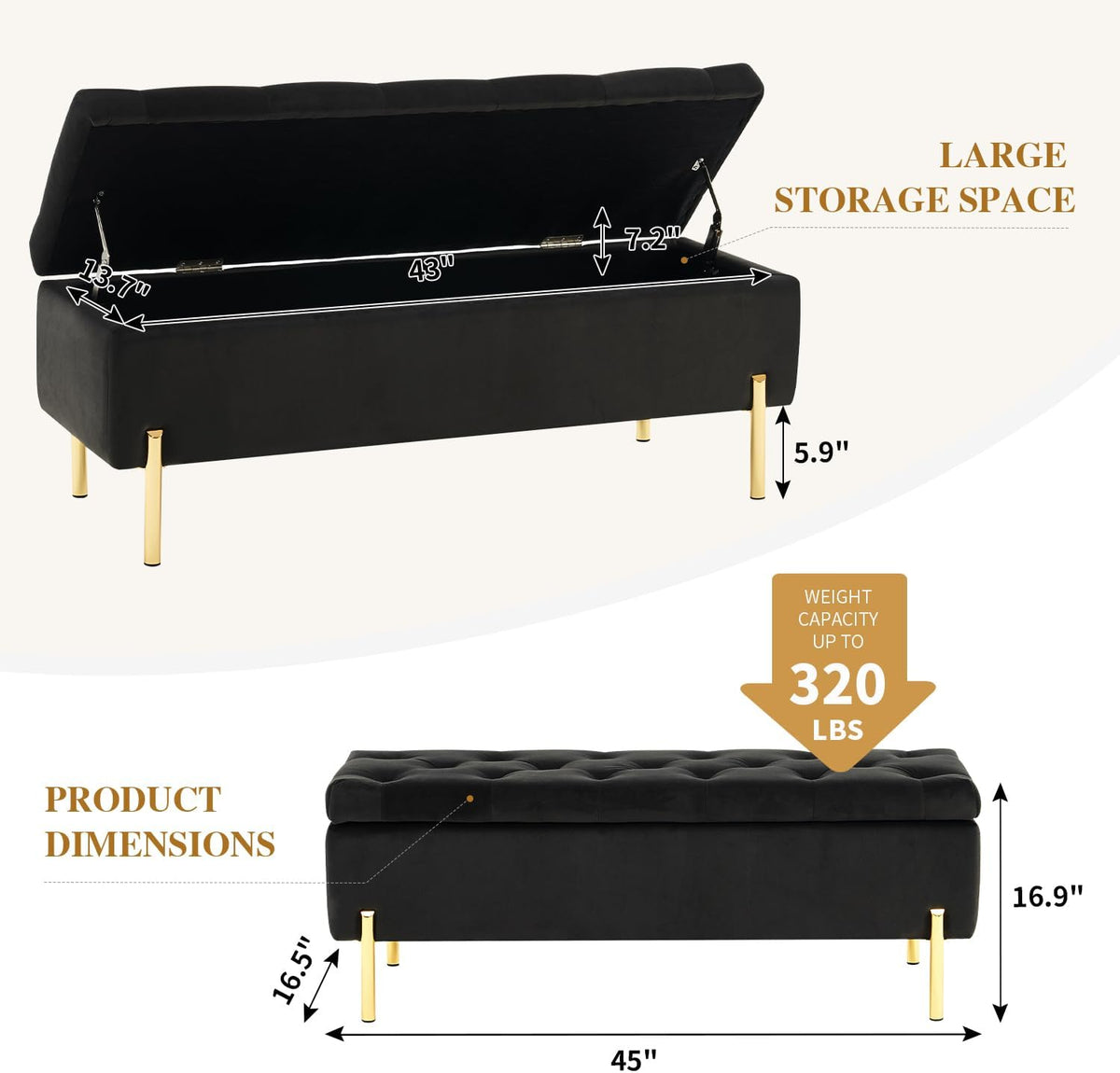 45.6 Inch Velvet Storage Bench Tufted Upholstered Ottoman Bench, Bedroom Bench with Storage, for Bedroom Living Room Entryway Rectangular Accent Bench, Black