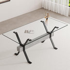 Glass Dining Table 71"｜Modern Dining Table for 6｜0.4" Thick Tempered Glass Top｜Matte Black Metal Legs｜Grey Crossbar｜Easy Assembly｜Perfect for Dining Room or Kitchen