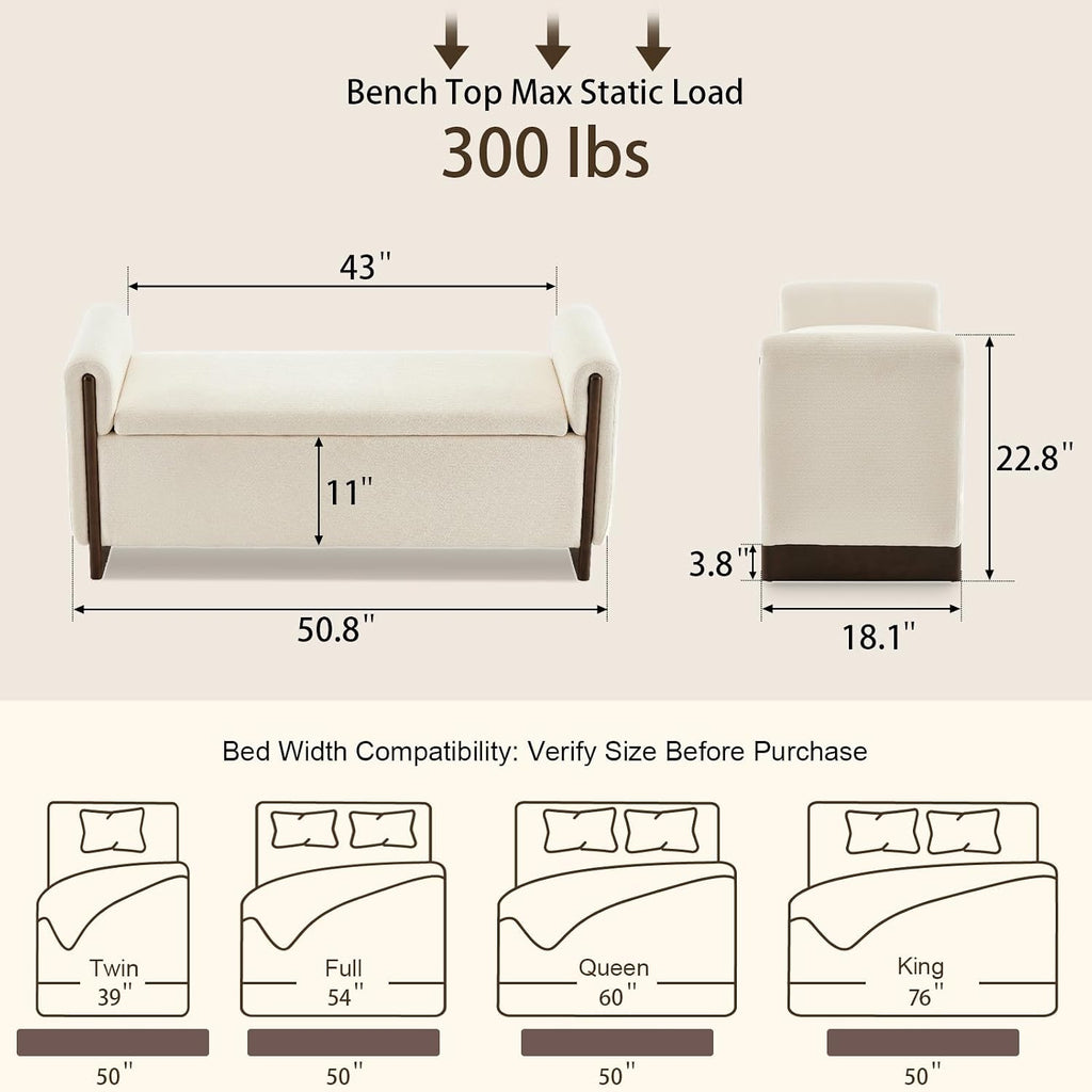 50.8 inch Storage Ottoman Bench with Armrests, Hidden Storage, Beige | End of Bed Bench, Bedroom Storage Bench , Chenille Upholstery, Solid Wood Legs, Entryway Bench, Living Room, Bedroom, Hallway