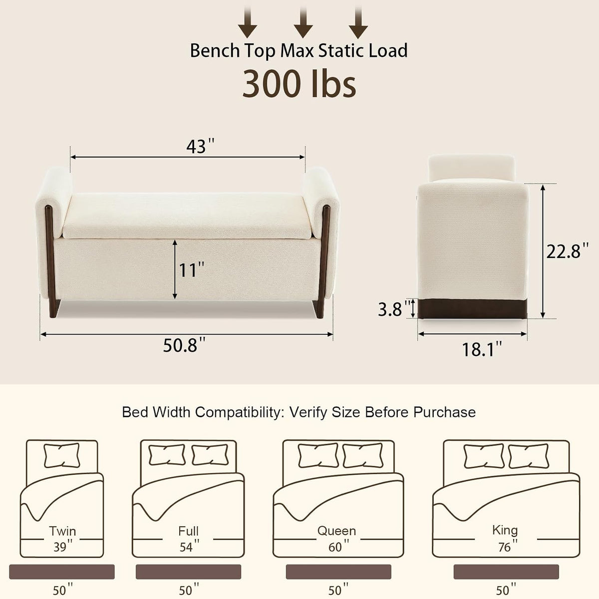 50.8 inch Storage Ottoman Bench with Armrests, Hidden Storage, Beige | End of Bed Bench, Bedroom Storage Bench , Chenille Upholstery, Solid Wood Legs, Entryway Bench, Living Room, Bedroom, Hallway