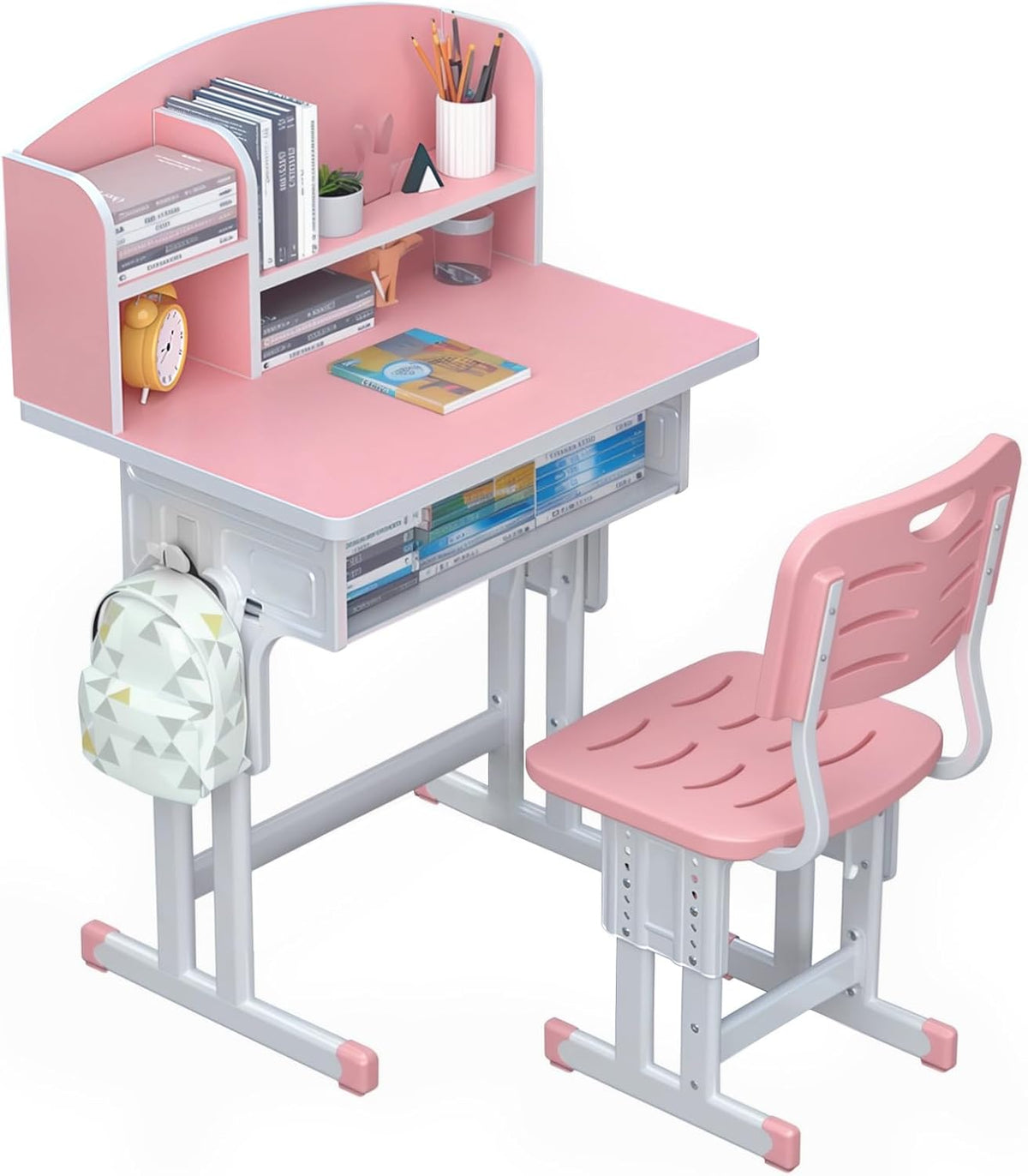 1 Set Kids Desk Chair Set, Height Adjustable Children School Study Table Chair Sets with Storage Drawer, Ergonomic Desk Chairs with Book Stand, Partition Design Pink 70 cm