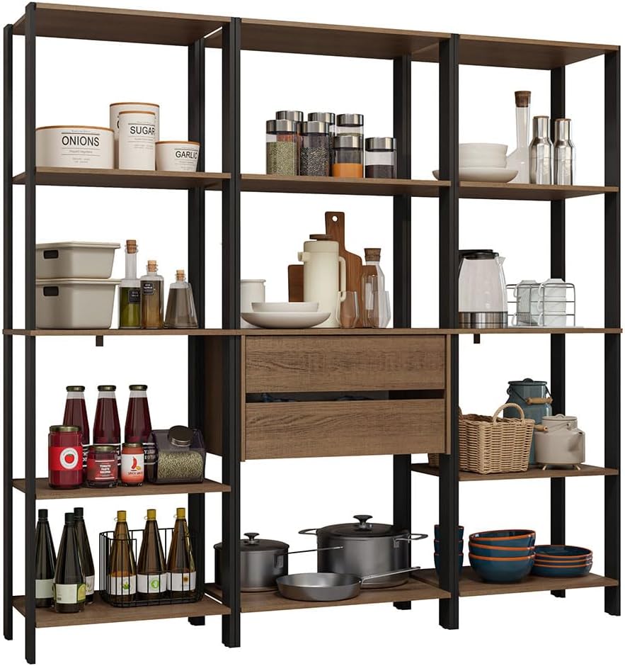 Madesa Kitchen Pantry Storage Rack with 2 Drawers and Open Shelves 74" L Multiuse Modular Cabinet for Kitchen Organization - Black/Brown