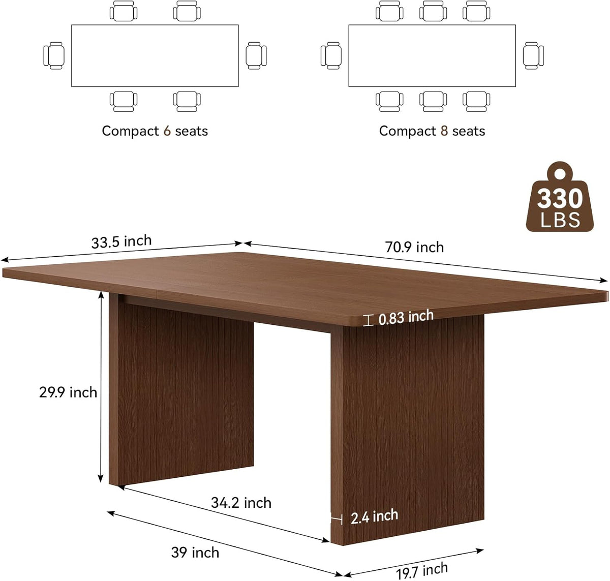 Welzona 71-inch Rectangle Dining Table for 6-8, Farmhouse Kitchen & Dining Room Table with Walnut Finish, Durable and Easy-Clean Surface, Sturdy Dinner Table for Family Gatherings, Home Office