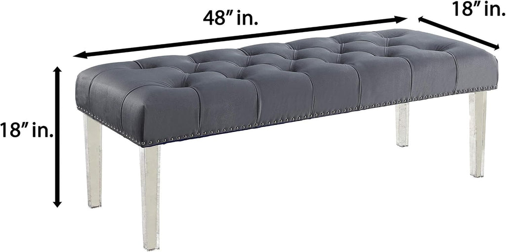 Yafelle 48” Velvet Upholstered Glam Bench with Button Tufted Seat, Silver Nailhead Trim, and 4 Clear Acrylic Legs, Elegant Entryway, Bedroom, or Dining Room Accent Seating, (Grey)