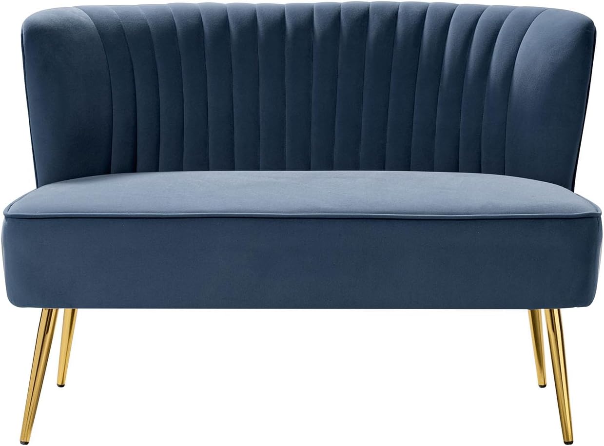 TINA'S HOME Mid-Century Velvet Loveseat Sofa, Upholstered Loveseat Couch with Golden Metal Legs, Small Tufted 2-Seat Sofa Armless Love Seat for Living Room Bedroom, Slate Blue
