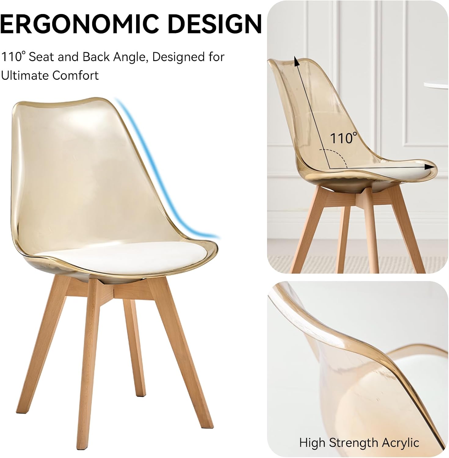 Dining Chairs Set of 4, Acrylic Mid Century Chairs, Light Brown | Clear Acrylic Backrest With Soft Padded Seat, Sturdy Wooden Legs. Ideal For Kitchen And Living Room